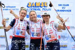 21.09.2024, Premanon, France (FRA): Lou Jeanmonnot (FRA), Oceane Michelon (FRA), Jeanne Richard (FRA), (l-r) - Biathlon Samse Summer Tour, sprint, Premanon (FRA). www.nordicfocus.com. © Manzoni/NordicFocus. Every downloaded picture is fee-liable.