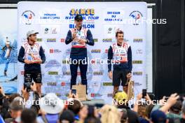 21.09.2024, Premanon, France (FRA): Antonin Guigonnat (FRA), Emilien Jacquelin (FRA), Quentin Fillon Maillet (FRA), (l-r) - Biathlon Samse Summer Tour, sprint, Premanon (FRA). www.nordicfocus.com. © Manzoni/NordicFocus. Every downloaded picture is fee-liable.