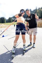 21.09.2024, Premanon, France (FRA): Oceane Michelon (FRA), Cyril Burdet (FRA), coach Team France, (l-r) - Biathlon Samse Summer Tour, sprint, Premanon (FRA). www.nordicfocus.com. © Manzoni/NordicFocus. Every downloaded picture is fee-liable.