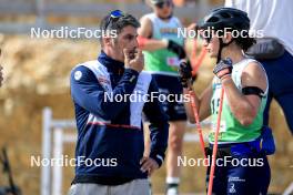 21.09.2024, Premanon, France (FRA): Cyril Burdet (FRA), coach Team France, Julia Simon (FRA), (l-r) - Biathlon Samse Summer Tour, sprint, Premanon (FRA). www.nordicfocus.com. © Manzoni/NordicFocus. Every downloaded picture is fee-liable.