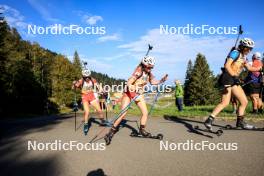 21.09.2024, Premanon, France (FRA): Lili Fehr (FRA), Juliette Atchekguezian (FRA), Louise Chollat (FRA), (l-r) - Biathlon Samse Summer Tour, sprint, Premanon (FRA). www.nordicfocus.com. © Manzoni/NordicFocus. Every downloaded picture is fee-liable.