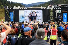 21.09.2024, Premanon, France (FRA): Antonin Guigonnat (FRA), Emilien Jacquelin (FRA), Quentin Fillon Maillet (FRA), (l-r) - Biathlon Samse Summer Tour, sprint, Premanon (FRA). www.nordicfocus.com. © Manzoni/NordicFocus. Every downloaded picture is fee-liable.