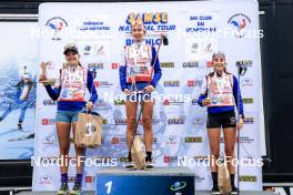 21.09.2024, Premanon, France (FRA): Emma Oustry (FRA), Louise Roguet (FRA), Lola Bugeaud (FRA), (l-r) - Biathlon Samse Summer Tour, sprint, Premanon (FRA). www.nordicfocus.com. © Manzoni/NordicFocus. Every downloaded picture is fee-liable.