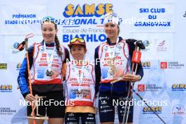 21.09.2024, Premanon, France (FRA): Amandine Mengin (FRA), Anaelle Bondoux (FRA), Voldiya Galmace Paulin (FRA), (l-r) - Biathlon Samse Summer Tour, sprint, Premanon (FRA). www.nordicfocus.com. © Manzoni/NordicFocus. Every downloaded picture is fee-liable.