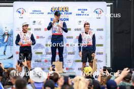 21.09.2024, Premanon, France (FRA): Antonin Guigonnat (FRA), Emilien Jacquelin (FRA), Quentin Fillon Maillet (FRA), (l-r) - Biathlon Samse Summer Tour, sprint, Premanon (FRA). www.nordicfocus.com. © Manzoni/NordicFocus. Every downloaded picture is fee-liable.