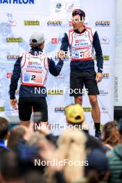 21.09.2024, Premanon, France (FRA): Antonin Guigonnat (FRA), Quentin Fillon Maillet (FRA), (l-r) - Biathlon Samse Summer Tour, sprint, Premanon (FRA). www.nordicfocus.com. © Manzoni/NordicFocus. Every downloaded picture is fee-liable.