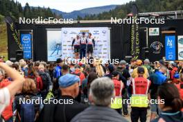 21.09.2024, Premanon, France (FRA): Antonin Guigonnat (FRA), Emilien Jacquelin (FRA), Quentin Fillon Maillet (FRA), (l-r) - Biathlon Samse Summer Tour, sprint, Premanon (FRA). www.nordicfocus.com. © Manzoni/NordicFocus. Every downloaded picture is fee-liable.