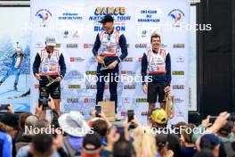 21.09.2024, Premanon, France (FRA): Antonin Guigonnat (FRA), Emilien Jacquelin (FRA), Quentin Fillon Maillet (FRA), (l-r) - Biathlon Samse Summer Tour, sprint, Premanon (FRA). www.nordicfocus.com. © Manzoni/NordicFocus. Every downloaded picture is fee-liable.