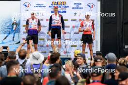 21.09.2024, Premanon, France (FRA): Enzo Bouillet (FRA), Leo Carlier (FRA), Emile Weiss (FRA), (l-r) - Biathlon Samse Summer Tour, sprint, Premanon (FRA). www.nordicfocus.com. © Manzoni/NordicFocus. Every downloaded picture is fee-liable.