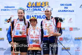 21.09.2024, Premanon, France (FRA): Amandine Mengin (FRA), Anaelle Bondoux (FRA), Voldiya Galmace Paulin (FRA), (l-r) - Biathlon Samse Summer Tour, sprint, Premanon (FRA). www.nordicfocus.com. © Manzoni/NordicFocus. Every downloaded picture is fee-liable.