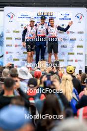 21.09.2024, Premanon, France (FRA): Antonin Guigonnat (FRA), Emilien Jacquelin (FRA), Quentin Fillon Maillet (FRA), (l-r) - Biathlon Samse Summer Tour, sprint, Premanon (FRA). www.nordicfocus.com. © Manzoni/NordicFocus. Every downloaded picture is fee-liable.