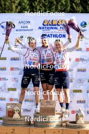 20.10.2024, Arcon, France (FRA): Lou Jeanmonnot (FRA), Julia Simon (FRA), Jeanne Richard (FRA), (l-r) - Biathlon Samse Summer Tour, pursuit, Arcon (FRA). www.nordicfocus.com. © Manzoni/NordicFocus. Every downloaded picture is fee-liable.