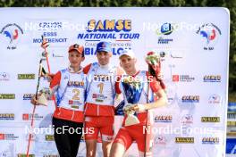 20.10.2024, Arcon, France (FRA): Corentin Jacob (FRA), Martin Botet (FRA), Ian Martinet (FRA), (l-r) - Biathlon Samse Summer Tour, pursuit, Arcon (FRA). www.nordicfocus.com. © Manzoni/NordicFocus. Every downloaded picture is fee-liable.