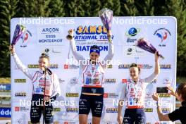 20.10.2024, Arcon, France (FRA): Lou Jeanmonnot (FRA), Julia Simon (FRA), Jeanne Richard (FRA), (l-r) - Biathlon Samse Summer Tour, pursuit, Arcon (FRA). www.nordicfocus.com. © Manzoni/NordicFocus. Every downloaded picture is fee-liable.