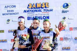 20.10.2024, Arcon, France (FRA): Voldiya Galmace Paulin (FRA), Amandine Mengin (FRA), Celia Henaff (FRA), (l-r) - Biathlon Samse Summer Tour, pursuit, Arcon (FRA). www.nordicfocus.com. © Manzoni/NordicFocus. Every downloaded picture is fee-liable.