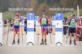 20.10.2024, Arcon, France (FRA): Augustin Remonnay (FRA), Timeo Amiotte (FRA), Tobit Keller (SUI), (l-r) - Biathlon Samse Summer Tour, pursuit, Arcon (FRA). www.nordicfocus.com. © Manzoni/NordicFocus. Every downloaded picture is fee-liable.