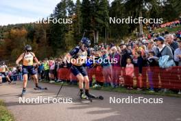 20.10.2024, Arcon, France (FRA): Lou Jeanmonnot (FRA), Julia Simon (FRA), (l-r) - Biathlon Samse Summer Tour, pursuit, Arcon (FRA). www.nordicfocus.com. © Manzoni/NordicFocus. Every downloaded picture is fee-liable.