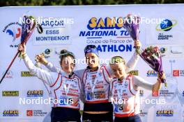 20.10.2024, Arcon, France (FRA): Lou Jeanmonnot (FRA), Julia Simon (FRA), Jeanne Richard (FRA), (l-r) - Biathlon Samse Summer Tour, pursuit, Arcon (FRA). www.nordicfocus.com. © Manzoni/NordicFocus. Every downloaded picture is fee-liable.