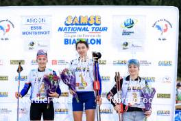 20.10.2024, Arcon, France (FRA): Lola Bugeaud (FRA), Louise Roguet (FRA), Lena Moretti (FRA), (l-r) - Biathlon Samse Summer Tour, pursuit, Arcon (FRA). www.nordicfocus.com. © Manzoni/NordicFocus. Every downloaded picture is fee-liable.