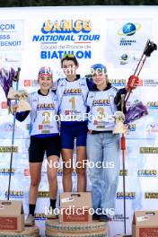 20.10.2024, Arcon, France (FRA): Lola Bugeaud (FRA), Louise Roguet (FRA), Lena Moretti (FRA), (l-r) - Biathlon Samse Summer Tour, pursuit, Arcon (FRA). www.nordicfocus.com. © Manzoni/NordicFocus. Every downloaded picture is fee-liable.