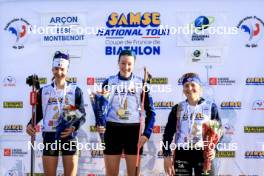 20.10.2024, Arcon, France (FRA): Voldiya Galmace Paulin (FRA), Amandine Mengin (FRA), Lou Anne Dupont Ballet Baz (FRA), (l-r) - Biathlon Samse Summer Tour, pursuit, Arcon (FRA). www.nordicfocus.com. © Manzoni/NordicFocus. Every downloaded picture is fee-liable.