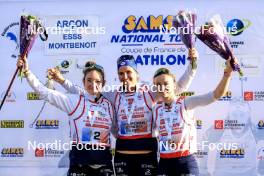 20.10.2024, Arcon, France (FRA): Lou Jeanmonnot (FRA), Julia Simon (FRA), Jeanne Richard (FRA), (l-r) - Biathlon Samse Summer Tour, pursuit, Arcon (FRA). www.nordicfocus.com. © Manzoni/NordicFocus. Every downloaded picture is fee-liable.