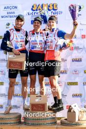 20.10.2024, Arcon, France (FRA): Emilien Jacquelin (FRA), Quentin Fillon Maillet (FRA), Fabien Claude (FRA), (l-r) - Biathlon Samse Summer Tour, pursuit, Arcon (FRA). www.nordicfocus.com. © Manzoni/NordicFocus. Every downloaded picture is fee-liable.