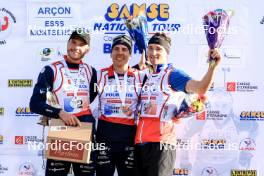 20.10.2024, Arcon, France (FRA): Emilien Jacquelin (FRA), Quentin Fillon Maillet (FRA), Fabien Claude (FRA), (l-r) - Biathlon Samse Summer Tour, pursuit, Arcon (FRA). www.nordicfocus.com. © Manzoni/NordicFocus. Every downloaded picture is fee-liable.