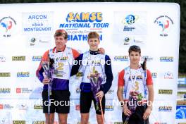 20.10.2024, Arcon, France (FRA): Enzo Bouillet (FRA), Leo Carlier (FRA), Clement Pires (FRA), (l-r) - Biathlon Samse Summer Tour, pursuit, Arcon (FRA). www.nordicfocus.com. © Manzoni/NordicFocus. Every downloaded picture is fee-liable.