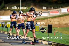 20.10.2024, Arcon, France (FRA): Lou Jeanmonnot (FRA), Jeanne Richard (FRA), Julia Simon (FRA), (l-r) - Biathlon Samse Summer Tour, pursuit, Arcon (FRA). www.nordicfocus.com. © Manzoni/NordicFocus. Every downloaded picture is fee-liable.