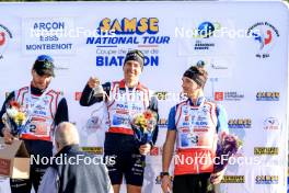 20.10.2024, Arcon, France (FRA): Emilien Jacquelin (FRA), Quentin Fillon Maillet (FRA), Fabien Claude (FRA), (l-r) - Biathlon Samse Summer Tour, pursuit, Arcon (FRA). www.nordicfocus.com. © Manzoni/NordicFocus. Every downloaded picture is fee-liable.