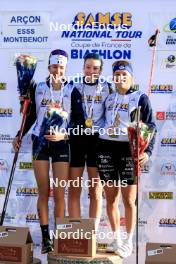 20.10.2024, Arcon, France (FRA): Voldiya Galmace Paulin (FRA), Amandine Mengin (FRA), Lou Anne Dupont Ballet Baz (FRA), (l-r) - Biathlon Samse Summer Tour, pursuit, Arcon (FRA). www.nordicfocus.com. © Manzoni/NordicFocus. Every downloaded picture is fee-liable.