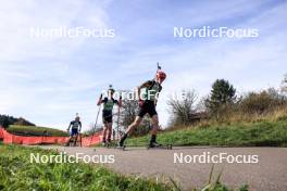 20.10.2024, Arcon, France (FRA): Valentin Nichiporuk (FRA), Samuel Blanchet (FRA), Louis Debloem (BEL), (l-r) - Biathlon Samse Summer Tour, pursuit, Arcon (FRA). www.nordicfocus.com. © Manzoni/NordicFocus. Every downloaded picture is fee-liable.