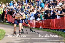 20.10.2024, Arcon, France (FRA): Lou Jeanmonnot (FRA), Chloe Chevalier (FRA), (l-r) - Biathlon Samse Summer Tour, pursuit, Arcon (FRA). www.nordicfocus.com. © Manzoni/NordicFocus. Every downloaded picture is fee-liable.