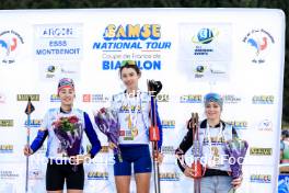 20.10.2024, Arcon, France (FRA): Lola Bugeaud (FRA), Louise Roguet (FRA), Lena Moretti (FRA), (l-r) - Biathlon Samse Summer Tour, pursuit, Arcon (FRA). www.nordicfocus.com. © Manzoni/NordicFocus. Every downloaded picture is fee-liable.