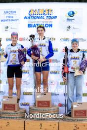 20.10.2024, Arcon, France (FRA): Lola Bugeaud (FRA), Louise Roguet (FRA), Lena Moretti (FRA), (l-r) - Biathlon Samse Summer Tour, pursuit, Arcon (FRA). www.nordicfocus.com. © Manzoni/NordicFocus. Every downloaded picture is fee-liable.