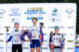 20.10.2024, Arcon, France (FRA): Lola Bugeaud (FRA), Louise Roguet (FRA), Lena Moretti (FRA), (l-r) - Biathlon Samse Summer Tour, pursuit, Arcon (FRA). www.nordicfocus.com. © Manzoni/NordicFocus. Every downloaded picture is fee-liable.