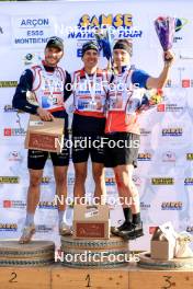 20.10.2024, Arcon, France (FRA): Emilien Jacquelin (FRA), Quentin Fillon Maillet (FRA), Fabien Claude (FRA), (l-r) - Biathlon Samse Summer Tour, pursuit, Arcon (FRA). www.nordicfocus.com. © Manzoni/NordicFocus. Every downloaded picture is fee-liable.