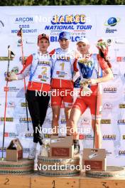 20.10.2024, Arcon, France (FRA): Corentin Jacob (FRA), Martin Botet (FRA), Ian Martinet (FRA), (l-r) - Biathlon Samse Summer Tour, pursuit, Arcon (FRA). www.nordicfocus.com. © Manzoni/NordicFocus. Every downloaded picture is fee-liable.