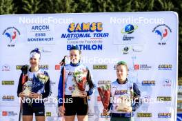 20.10.2024, Arcon, France (FRA): Voldiya Galmace Paulin (FRA), Amandine Mengin (FRA), Celia Henaff (FRA), (l-r) - Biathlon Samse Summer Tour, pursuit, Arcon (FRA). www.nordicfocus.com. © Manzoni/NordicFocus. Every downloaded picture is fee-liable.