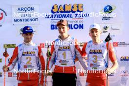 20.10.2024, Arcon, France (FRA): Martin Botet (FRA), Corentin Jacob (FRA), Ian Martinet (FRA), (l-r) - Biathlon Samse Summer Tour, pursuit, Arcon (FRA). www.nordicfocus.com. © Manzoni/NordicFocus. Every downloaded picture is fee-liable.