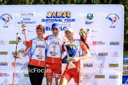 20.10.2024, Arcon, France (FRA): Corentin Jacob (FRA), Martin Botet (FRA), Ian Martinet (FRA), (l-r) - Biathlon Samse Summer Tour, pursuit, Arcon (FRA). www.nordicfocus.com. © Manzoni/NordicFocus. Every downloaded picture is fee-liable.