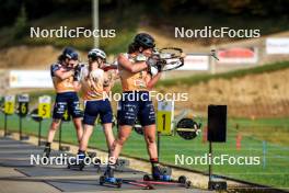 20.10.2024, Arcon, France (FRA): Lou Jeanmonnot (FRA), Jeanne Richard (FRA), Julia Simon (FRA), (l-r) - Biathlon Samse Summer Tour, pursuit, Arcon (FRA). www.nordicfocus.com. © Manzoni/NordicFocus. Every downloaded picture is fee-liable.