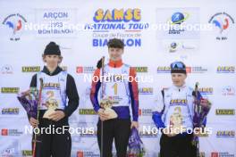 20.10.2024, Arcon, France (FRA): Zabou Mellouet Achard (FRA), Adele Ouvrier-Buffet (FRA), Clemence Lepouriel (FRA), (l-r) - Biathlon Samse Summer Tour, pursuit, Arcon (FRA). www.nordicfocus.com. © Manzoni/NordicFocus. Every downloaded picture is fee-liable.