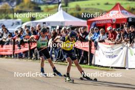 20.10.2024, Arcon, France (FRA): Lou Thievent (FRA), Quentin Fillon Maillet (FRA), (l-r) - Biathlon Samse Summer Tour, pursuit, Arcon (FRA). www.nordicfocus.com. © Manzoni/NordicFocus. Every downloaded picture is fee-liable.