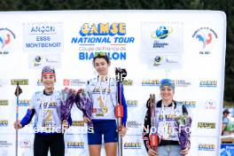 20.10.2024, Arcon, France (FRA): Lola Bugeaud (FRA), Louise Roguet (FRA), Lena Moretti (FRA), (l-r) - Biathlon Samse Summer Tour, pursuit, Arcon (FRA). www.nordicfocus.com. © Manzoni/NordicFocus. Every downloaded picture is fee-liable.