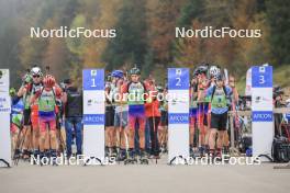 20.10.2024, Arcon, France (FRA): Augustin Remonnay (FRA), Timeo Amiotte (FRA), Tobit Keller (SUI), (l-r) - Biathlon Samse Summer Tour, pursuit, Arcon (FRA). www.nordicfocus.com. © Manzoni/NordicFocus. Every downloaded picture is fee-liable.