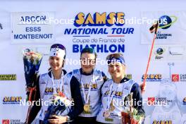 20.10.2024, Arcon, France (FRA): Voldiya Galmace Paulin (FRA), Amandine Mengin (FRA), Lou Anne Dupont Ballet Baz (FRA), (l-r) - Biathlon Samse Summer Tour, pursuit, Arcon (FRA). www.nordicfocus.com. © Manzoni/NordicFocus. Every downloaded picture is fee-liable.