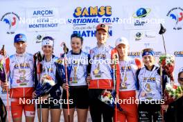 20.10.2024, Arcon, France (FRA): Martin Botet (FRA), Voldiya Galmace Paulin (FRA), Amandine Mengin (FRA), Corentin Jacob (FRA), Ian Martinet (FRA), Lou Anne Dupont Ballet Baz (FRA), (l-r) - Biathlon Samse Summer Tour, pursuit, Arcon (FRA). www.nordicfocus.com. © Manzoni/NordicFocus. Every downloaded picture is fee-liable.