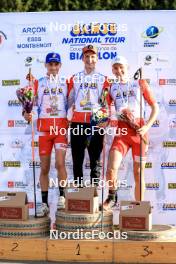 20.10.2024, Arcon, France (FRA): Martin Botet (FRA), Corentin Jacob (FRA), Ian Martinet (FRA), (l-r) - Biathlon Samse Summer Tour, pursuit, Arcon (FRA). www.nordicfocus.com. © Manzoni/NordicFocus. Every downloaded picture is fee-liable.